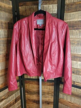 Jessica London Women's Raspberry Red Sheep Leather Open-Front Jacket